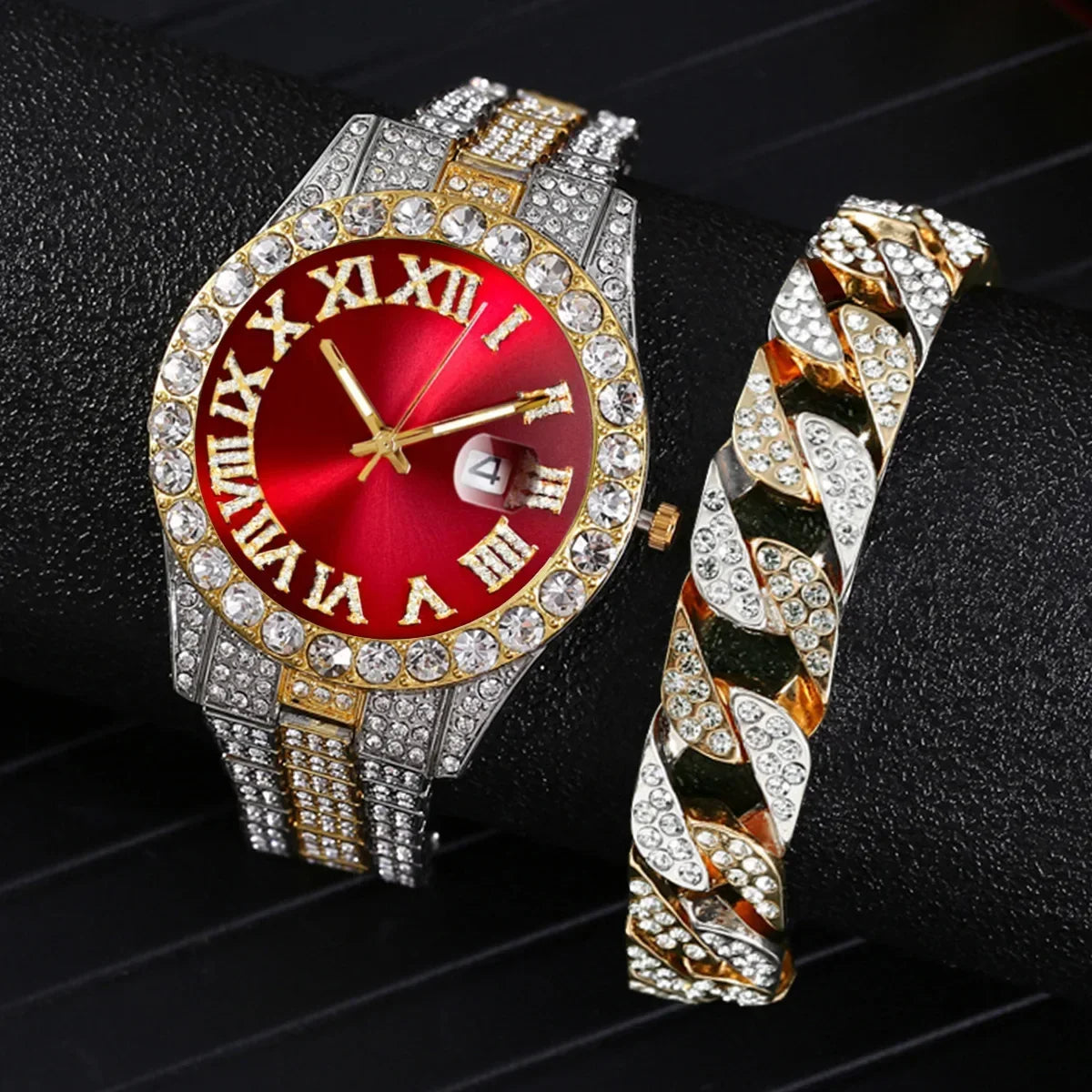 1/2 Pcs Luxury Calendar Watch for Men Iced Out Paved Rhinestones Men Watch Bracelet Stainless Steel Gold Color Reloj Hombre