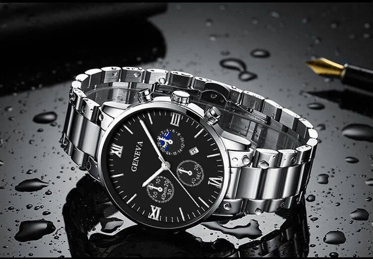 Fashion Roman Scale Quartz Wristwatch 4pcs Set Men Business Watch Fake Three Eyes Calendar Cross Necklace Bracelet Ring Set - Uknowucme