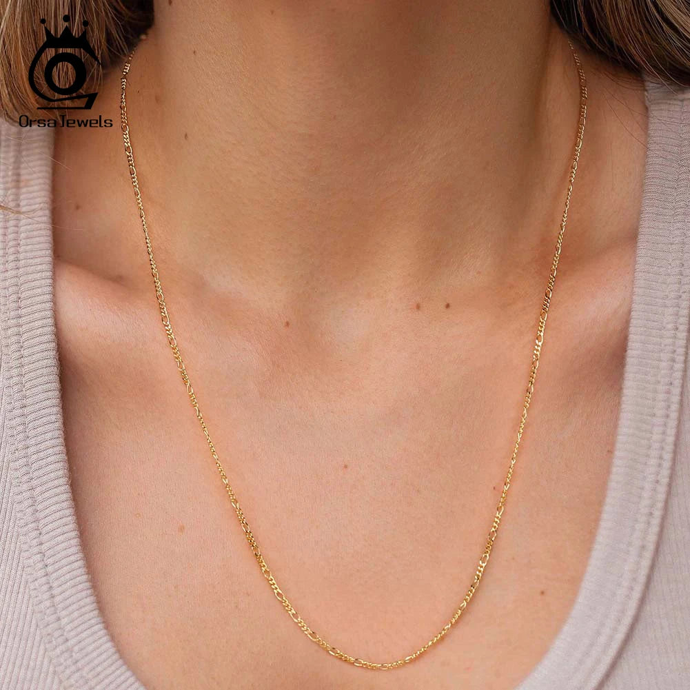 ORSA JEWELS 14K Gold 925 Sterling Silver Diamond-Cut Figaro Link Chain Necklace for Women Classic Necklace Party Jewelry SC27 - Uknowucme