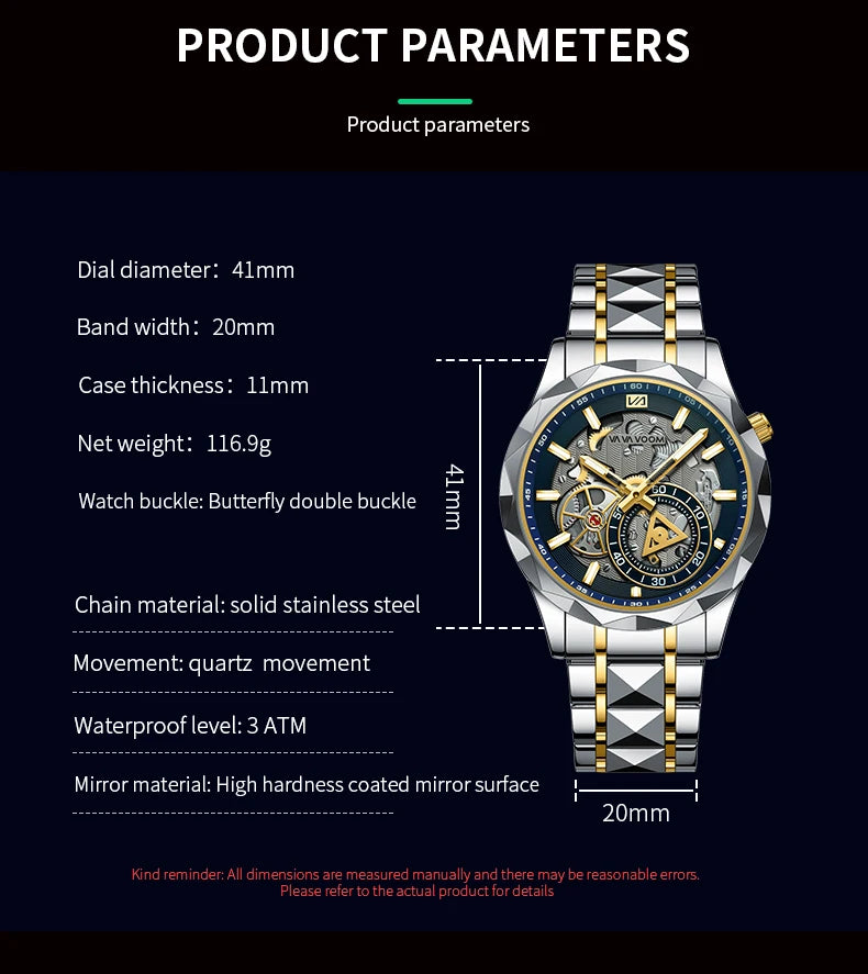 VA VA VOOM Stainless Steel Mens Quartz Watch With 41mm Hollowed Out Dial Quartz Movement Luminous Gold Luxurious Men Wristwatch - Uknowucme
