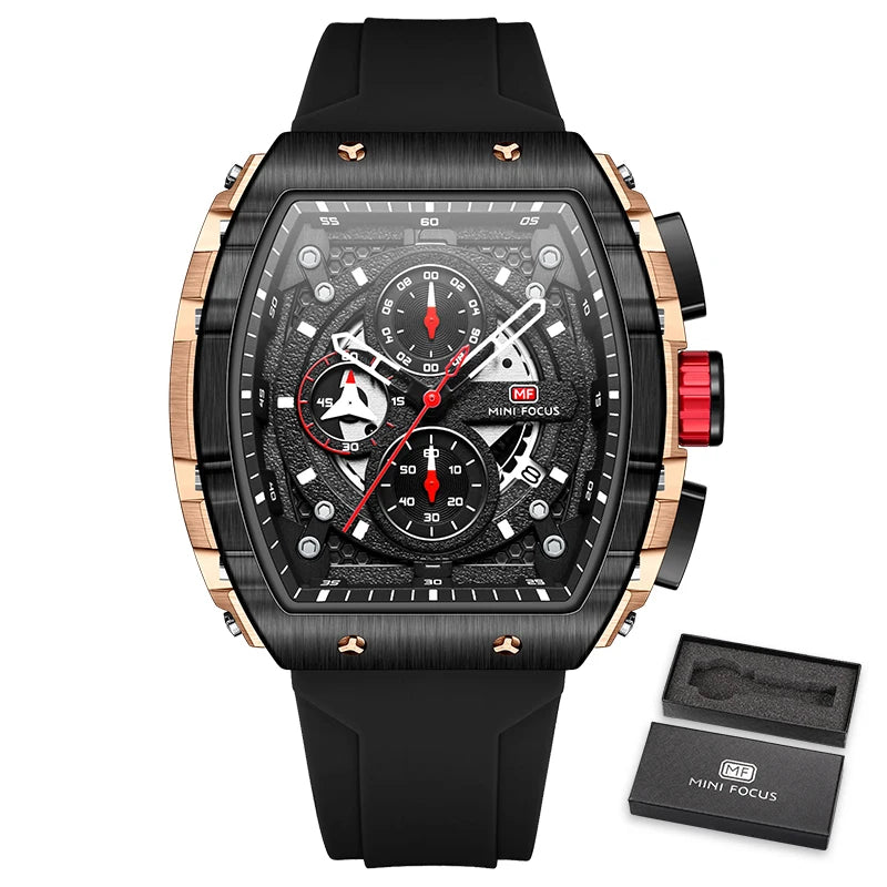 MINI FOCUS Chronograph Quartz Watch for Men Tonneau Dial Military Sport Wristwatch with Orange Silicone Strap Auto Date 0399 - Uknowucme