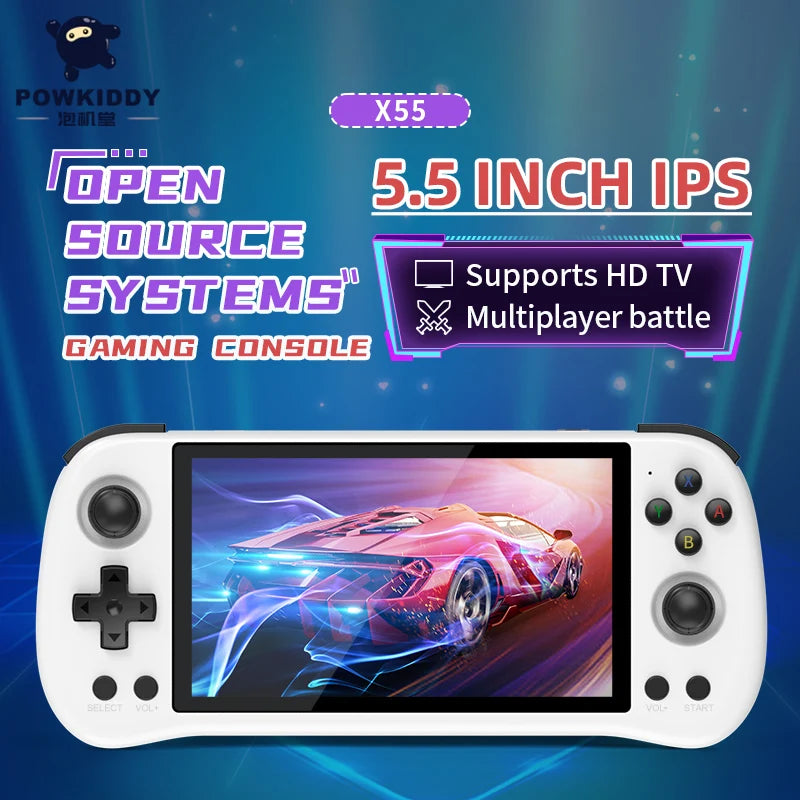 Powkiddy X55 5.5 inch IPS Screen Handheld Game Console Open Source RK3566 Retro Video Games Console Player Box Children's Gifts