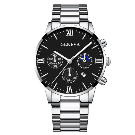 Fashion Roman Scale Quartz Wristwatch 4pcs Set Men Business Watch Fake Three Eyes Calendar Cross Necklace Bracelet Ring Set - Uknowucme