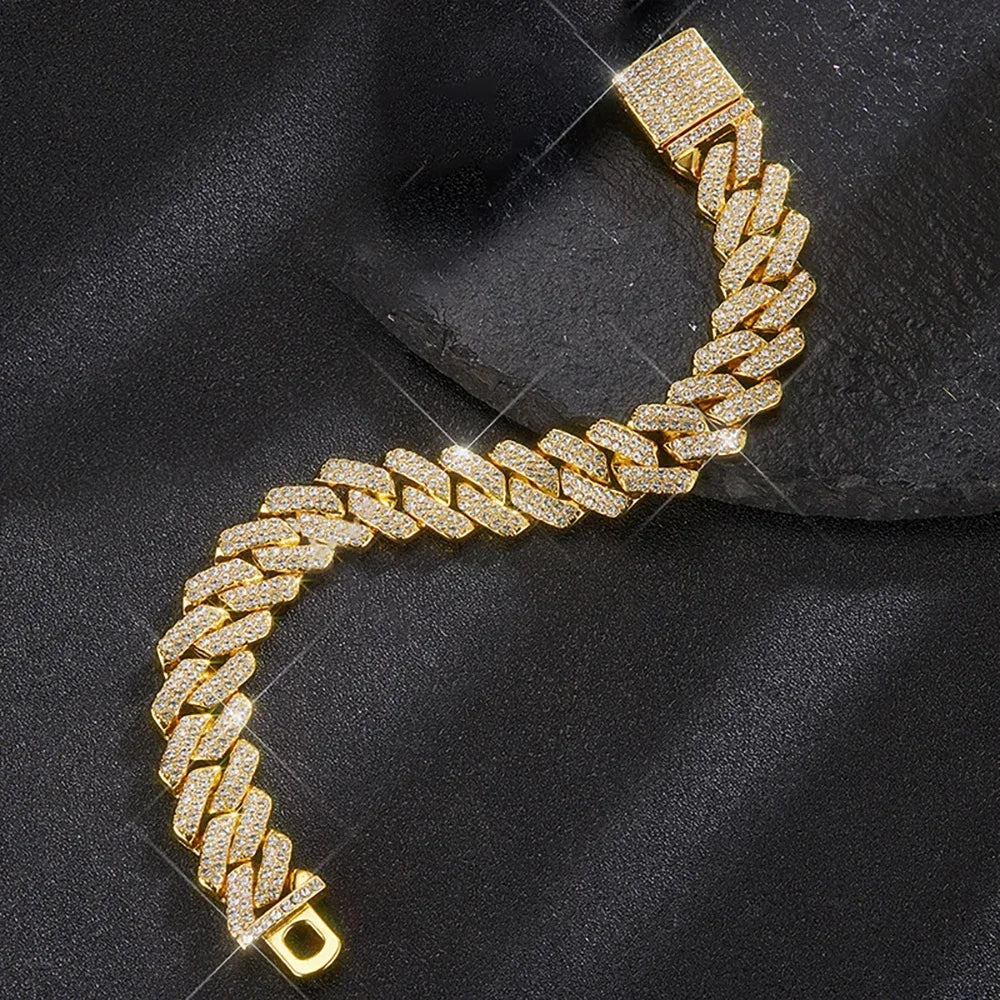 Hip Hop Shiny 15MM Cuban Link Chain Necklace Women Men Silver Color Rhinestone Iced Out Cuban Chain Punk Jewelry Necklace Gift - Uknowucme