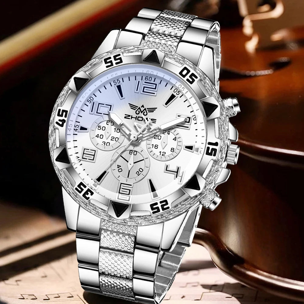 2PCS Silver Men's Watch Set Fashion Trend Business Quartz Watch Set Suitable for Daily Clothing Matching Perfect Gift - Uknowucme