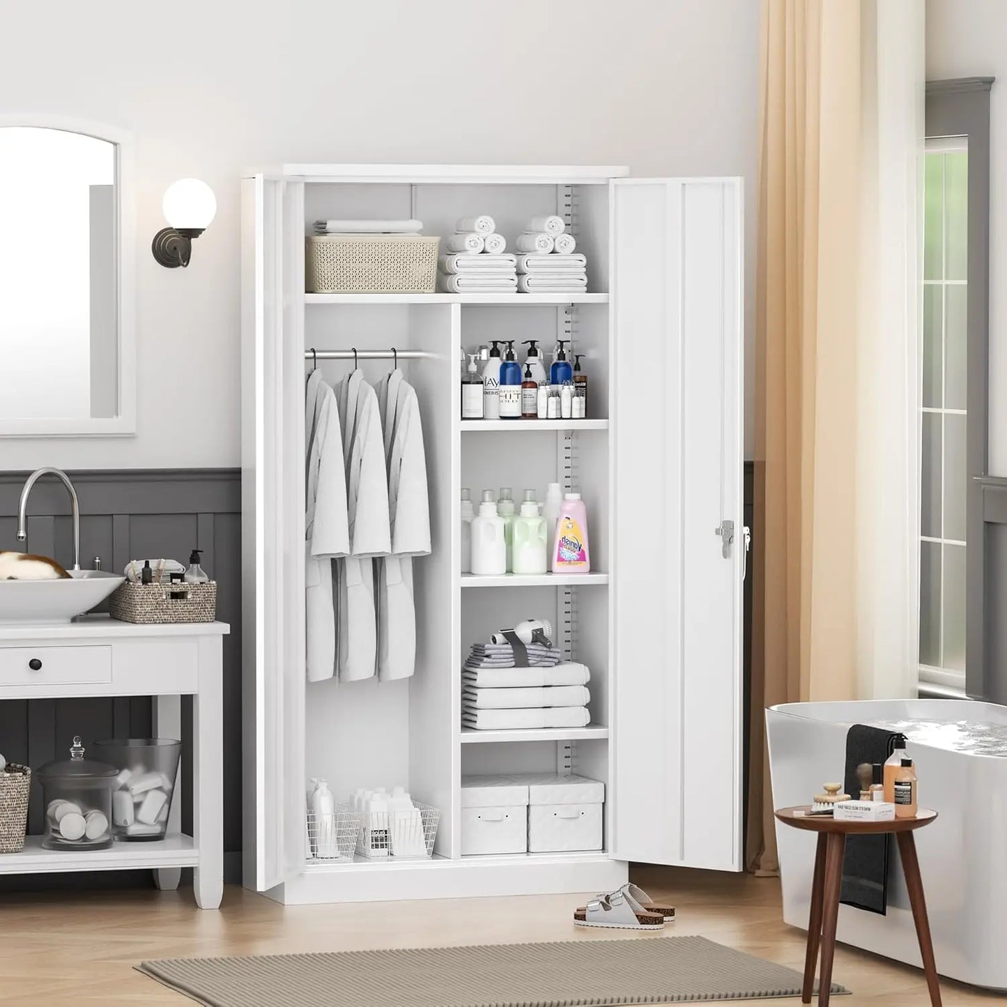 72” Tall Wardrobe Closet with Lock,Clothing Storage Cabinets with Hanging Rod and 4 Adjustable Shelves, Armoire Wardrobe