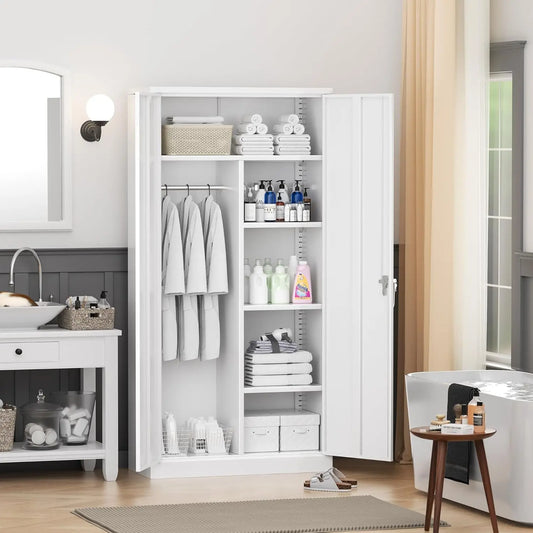 72” Tall Wardrobe Closet with Lock,Clothing Storage Cabinets with Hanging Rod and 4 Adjustable Shelves, Armoire Wardrobe