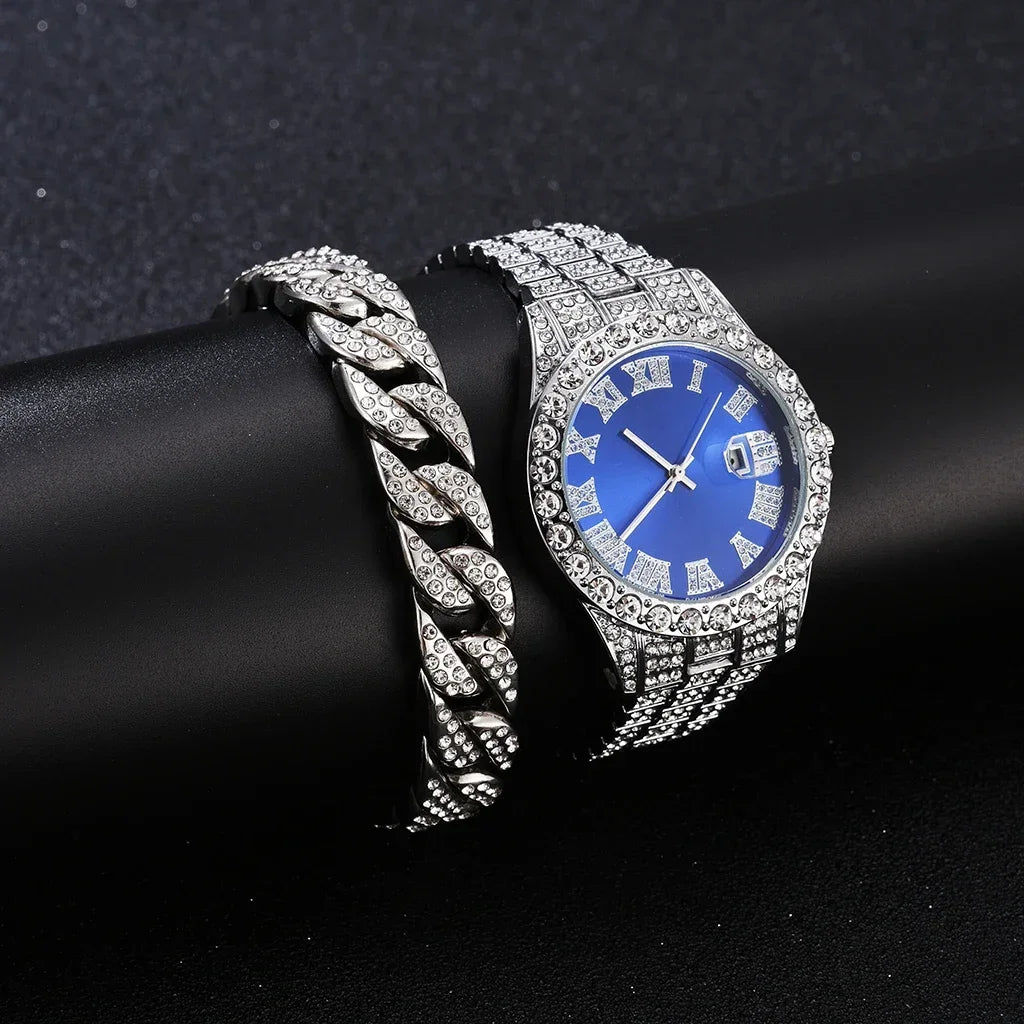 1/2 Pcs Luxury Calendar Watch for Men Iced Out Paved Rhinestones Men Watch Bracelet Stainless Steel Gold Color Reloj Hombre