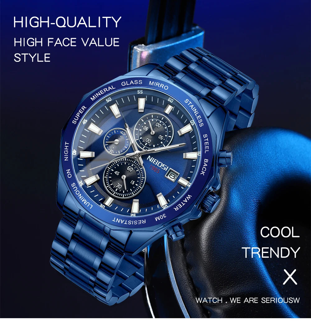 NIBOSI Fashion Big Watch Stainless Steel Top Brand Luxury Sport Chronograph Quartz Watches For Men Wristwatch Relogios Masculino - Uknowucme