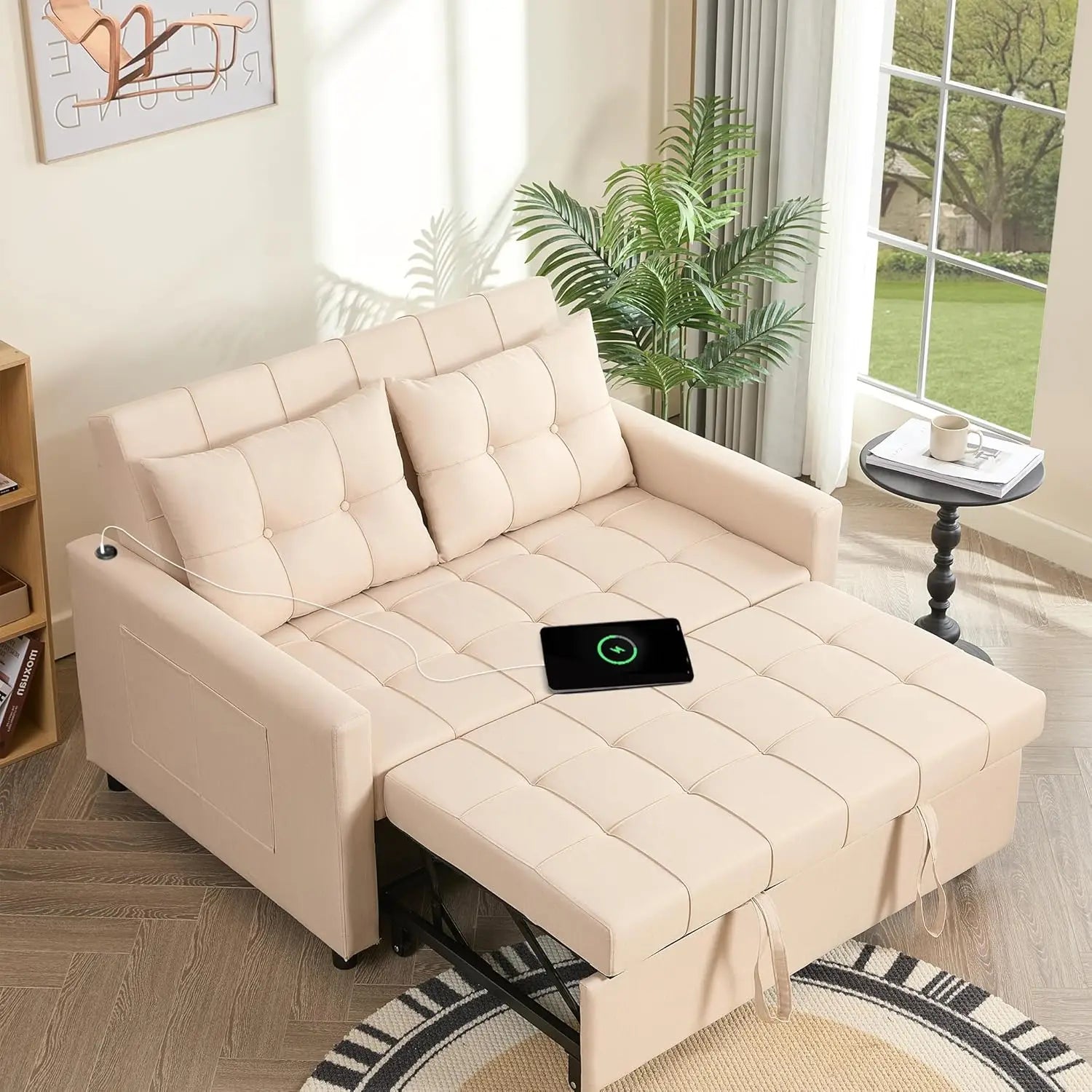 52" Sleeper Sofa with Pull-Out Bed, 3-in-1 Convertible Sofa Bed, Loveseat with Stepless Adjustable Backrest and Side Pocket - Uknowucme