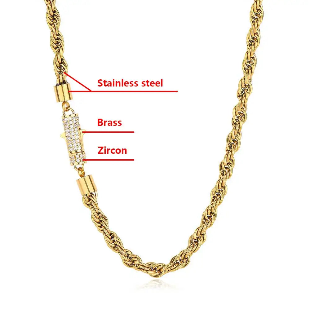 New Style 6mm Iced Out Clasp Rope Chain Stainless Steel Twist Rope Chain Necklace Jewelry For Women Drop Shipping - Uknowucme