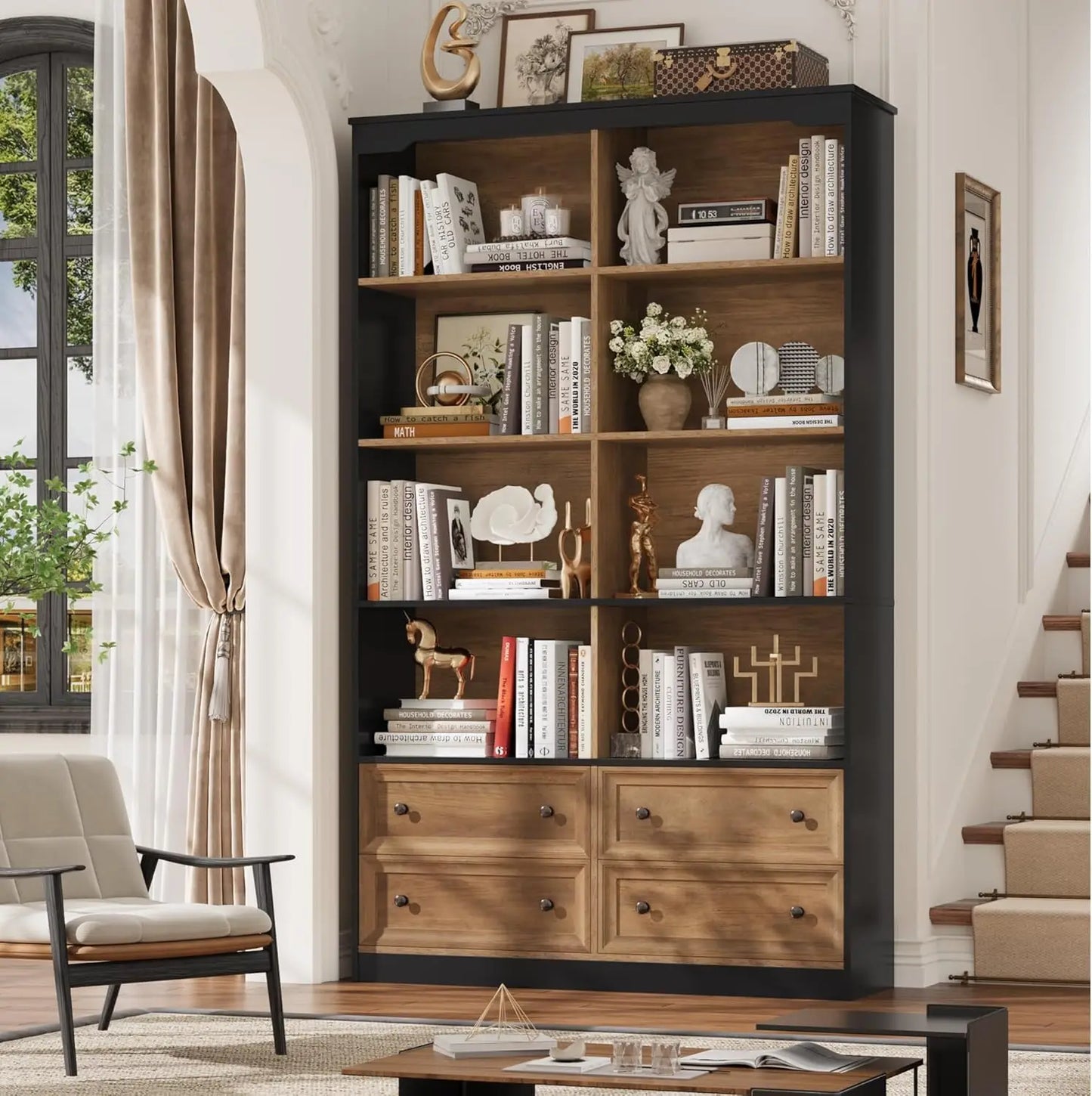 71" Tall Bookshelf with 4 Drawers, 6-Tier Double Wide Bookshelves and Bookcases with Storage, White Bookshelf Large Op