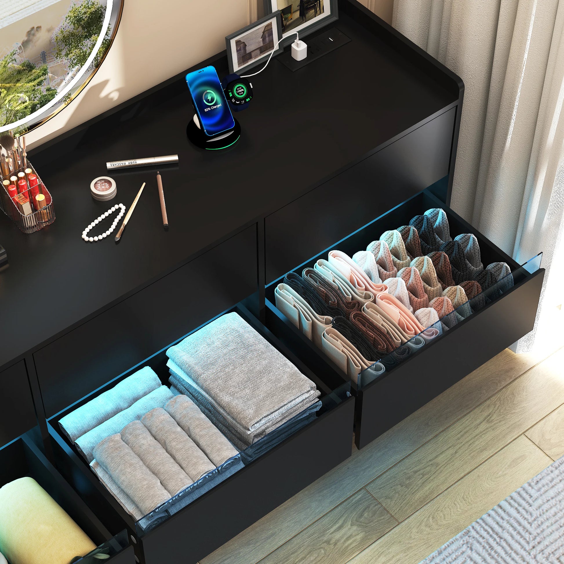 9 Drawer Dresser with Power Outlet & LED Light, Modern Chest of Drawers for Closet, 63" Drawer Organizer Cabinet for Bedroom - Uknowucme