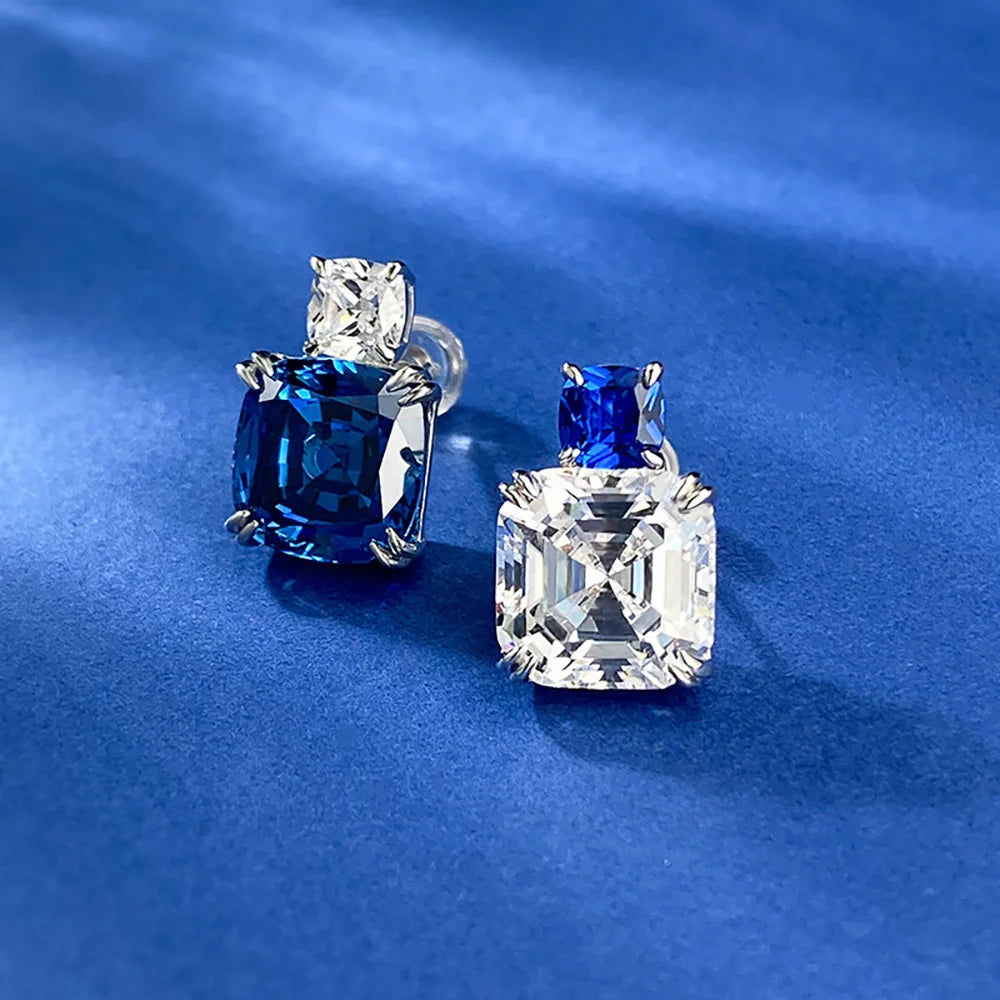 Charms 100% 925 Real Silver 10*10MM Sapphire Lab Diamond Stud Earrings for Women Gemstone Wedding Party Fine Jewelry Lady Gifts - Uknowucme