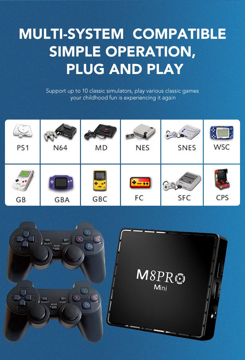 Retro Game Console M8 Pro Mini HD Game Box 64G Built In 10000 Games for PS1 SFC Wireless Gamepad Console for Android 12.1 TV Box