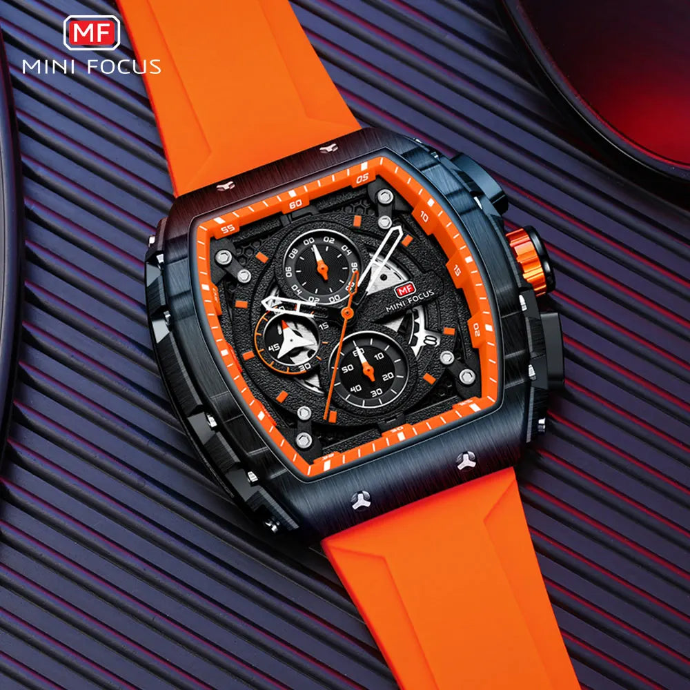 MINI FOCUS Chronograph Quartz Watch for Men Tonneau Dial Military Sport Wristwatch with Orange Silicone Strap Auto Date 0399 - Uknowucme
