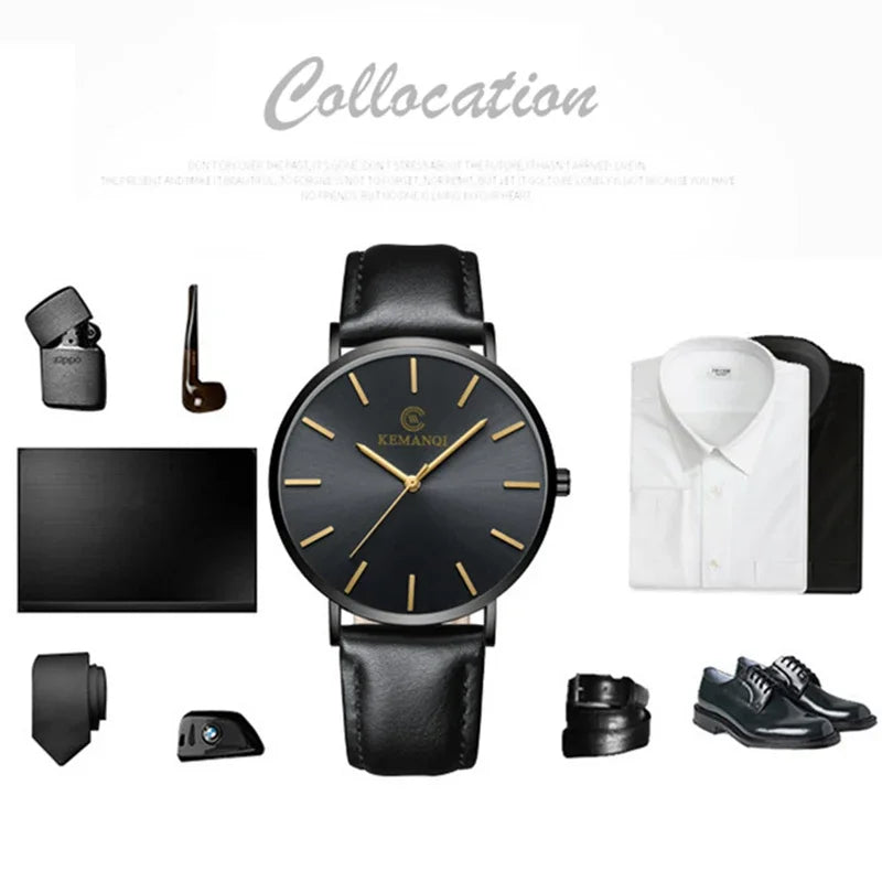 Fashion Ultra Thin Men's Quartz Wristwatch Minimalist Style Mens Watch Leather Band Business Casual Male Clock relogio masculino - Uknowucme