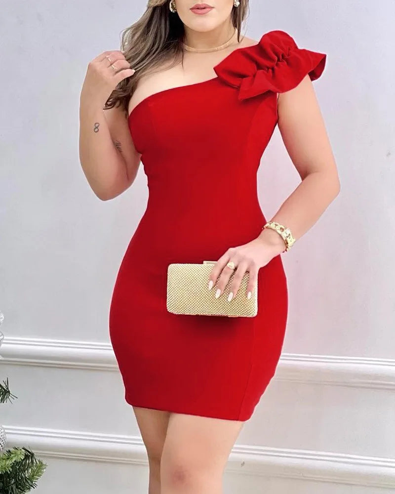 Summer Fashion Red Appliques Women Mini Party Dress Bodycon Elegant Ruffle Sexy One Shoulder Birthday Evening Club Outfits - Uknowucme
