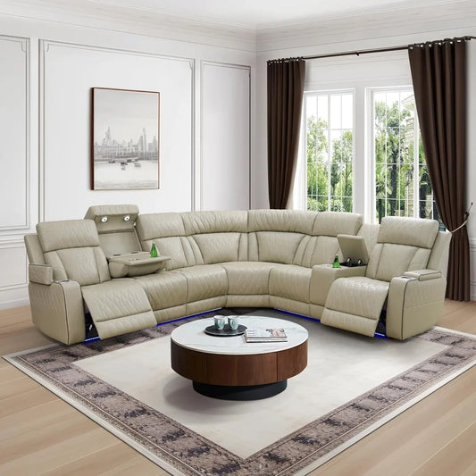 Power Recliner Sectional Sofa with LED Light, Breathing Leather Power Reclining Sofa, Sectional Reclining sofas with USB Port - Uknowucme
