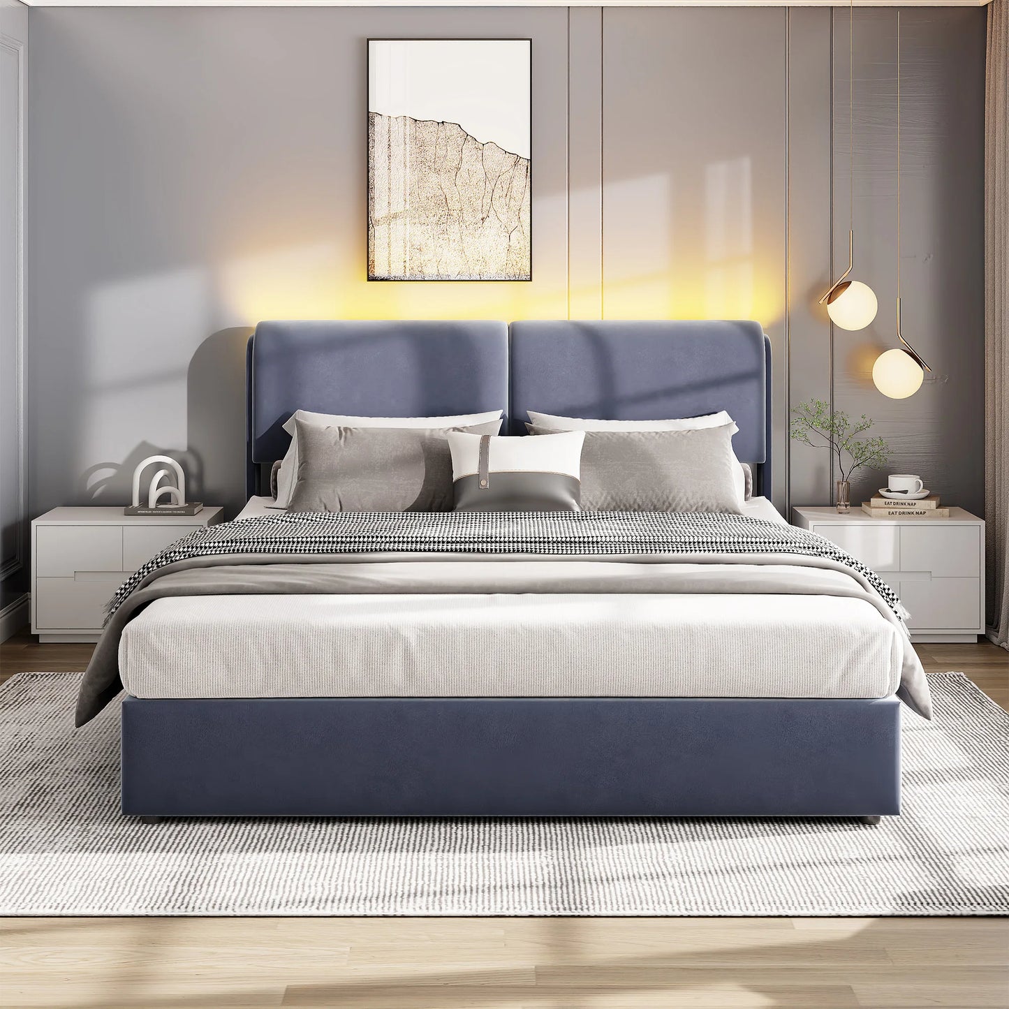 Anajqaqia 160×200 cm Upholstered Double Bed, Hydraulic Bed with LED Light and Slatted Base,Under-bed Storage Space, Velvet, Grey