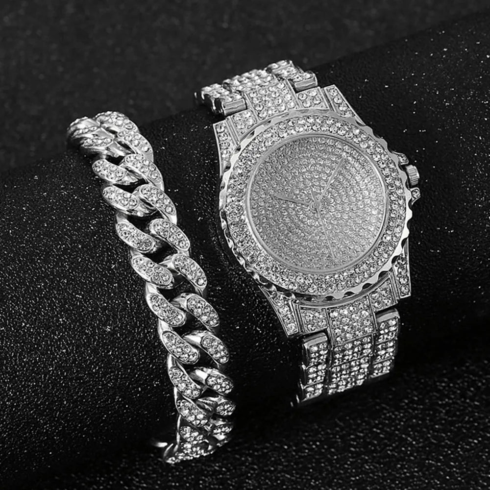 Watch + Bracelet for Women Cuban Chain Charm Iced Out Clock for Men Diamond Fashion Luxury Gold Wristwatch Jewelry Set Relojes