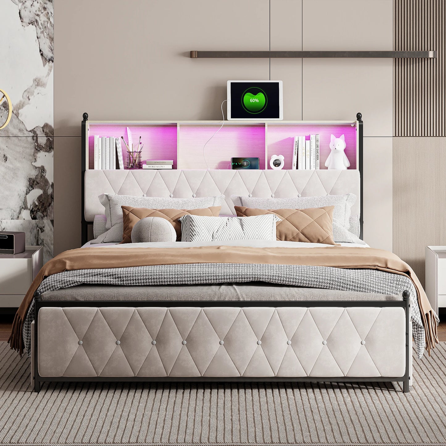 Upholstered Bed Frame with USB Charging Station and LED Lighting, Double Bed Storage Beds Functional Bed Frame with 4 Drawers