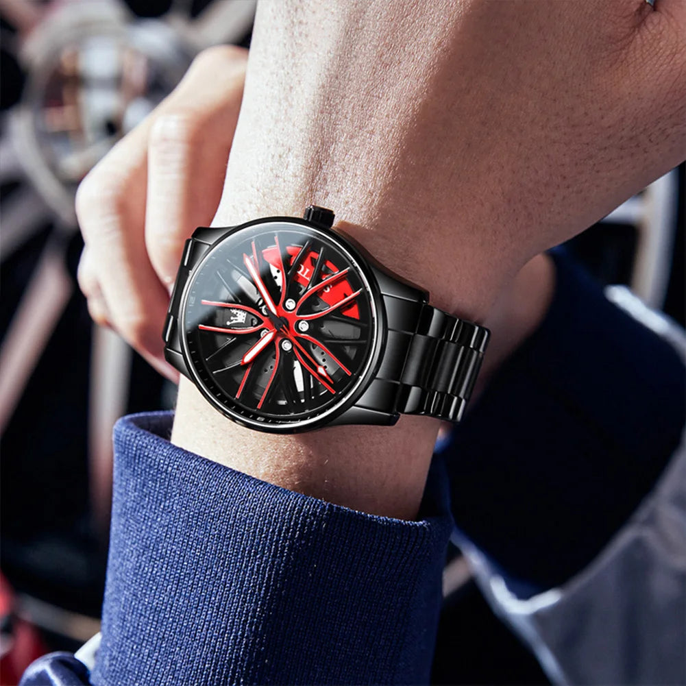 OLEVS Wheel Hub Men's Watches Trend Fashion Quartz Wristwatch Original Movement Waterproof Steel Luminous 3D Hollow Rotary Dial - Uknowucme