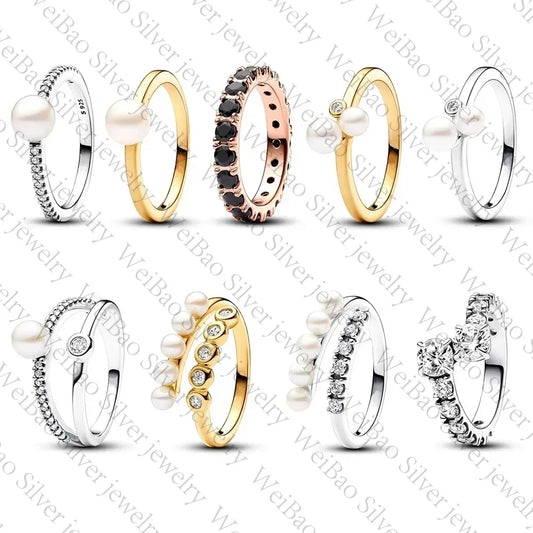 2024 New 925 Sterling Silver pretty Black Sparkling Row Eternity Overlapping Band Treated Freshwater Cultured Pearls Open Ring - Uknowucme