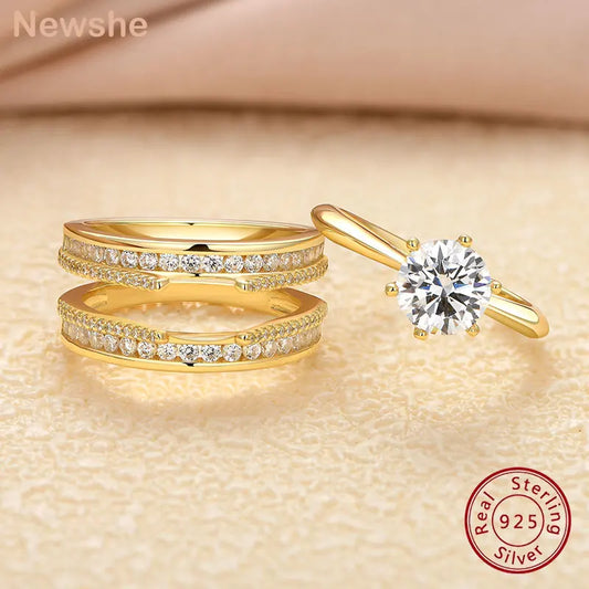 Newshe 925 Sterling Silver Yellow K Gold Rings for Women Round AAAAA Cubic Zircon Engagement Ring Enhancer Bridal Set Jewelry - Uknowucme