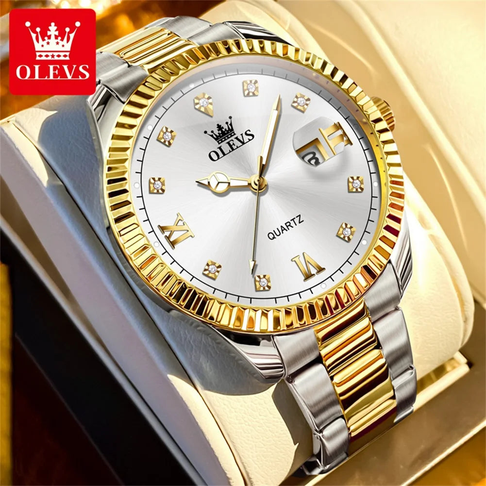 OLEVS 3623 Men's Watches Business Luxury Diamond Roman Scale Waterproof Luminous Stainless steel Gold Wristwatches Man