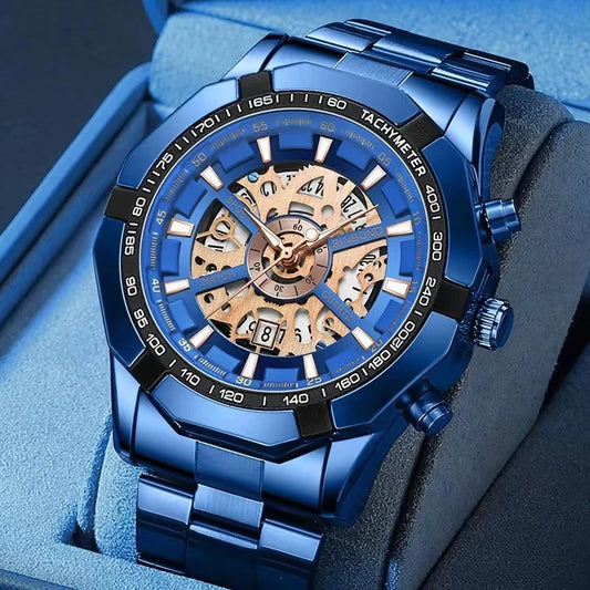 2025 Mens Quartz Watches Top Brand Luxury Stainless Steel Waterproof Hollow Out Blue Big Male Wristwatches Relogio Masculino - Uknowucme