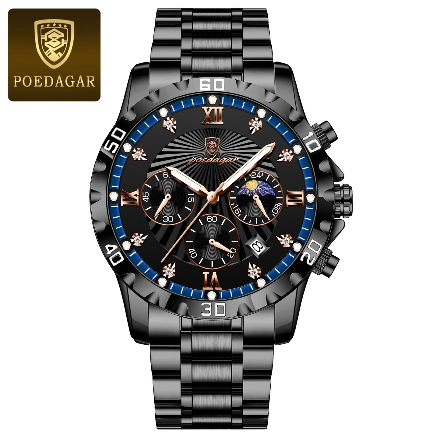 POEDAGAR Top Fashion Watches For Men Chronograph Date Stainless Steel Man Watch Waterproof Luminous Luxury Quartz Men Wristwatch - Uknowucme