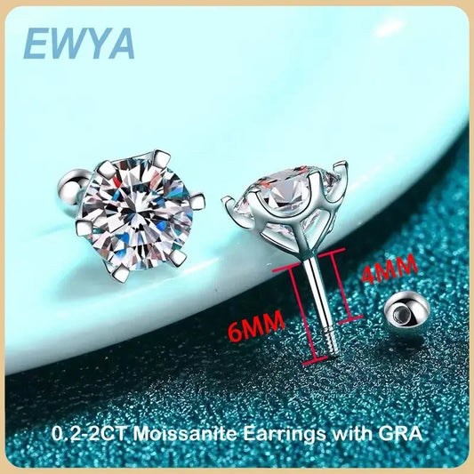 EWYA 0.5-2ct Moissanite Screw Stud Earrings D Color 925 Sterling Silver 6 Prong Diamond Earrings For Women Wedding Fine Jewelry - Uknowucme