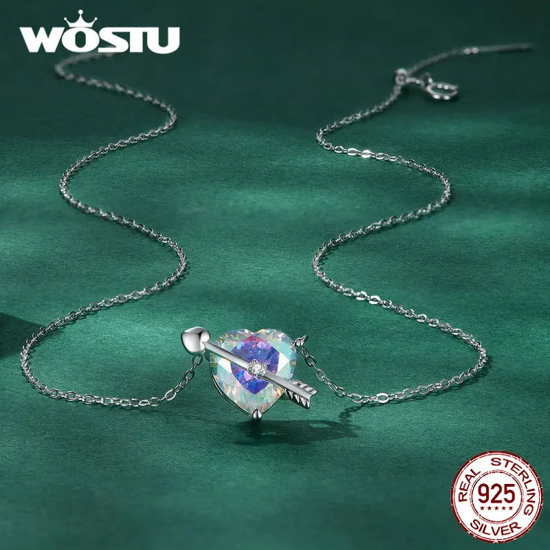 WOSTU 925 Sterling Silver Original Zircon Love Necklace Adjustable Neck Chain Cupid Arrow Heart Pendant For Women Jewelry Gift - Uknowucme