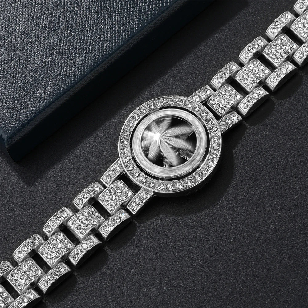 D&Z Hip Pop Full Iced Out CZ Stones Hand Watch Chain Bracelet For Men Rotating Leaves Bling Rhinestone Charm Hand Jewelry Gift