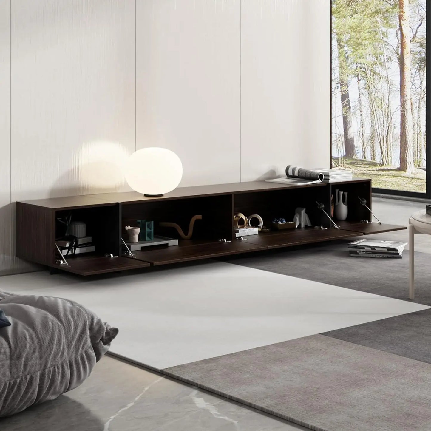 95.1" W TV Stand with 4 Flip-Down Drawers, Modern Entertainment Center with Storage, Media Console Table TV Cabinet, Dark Brown