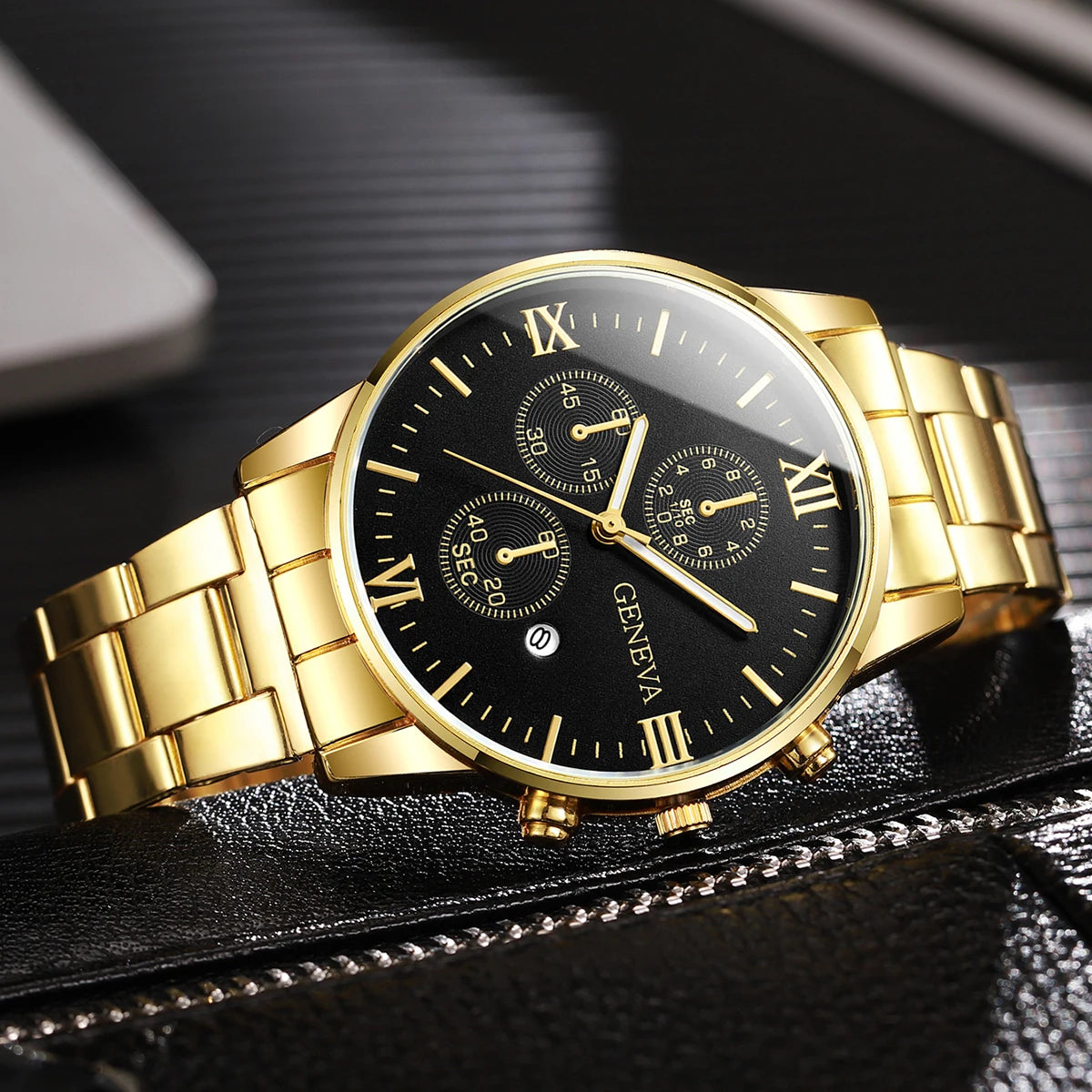 4PCS/Set Luxury Men's Calendar Watch Fashion Roma Dial Men Business Quartz Watches Jewelry Set Reloj Hombre（Without Box） - Uknowucme