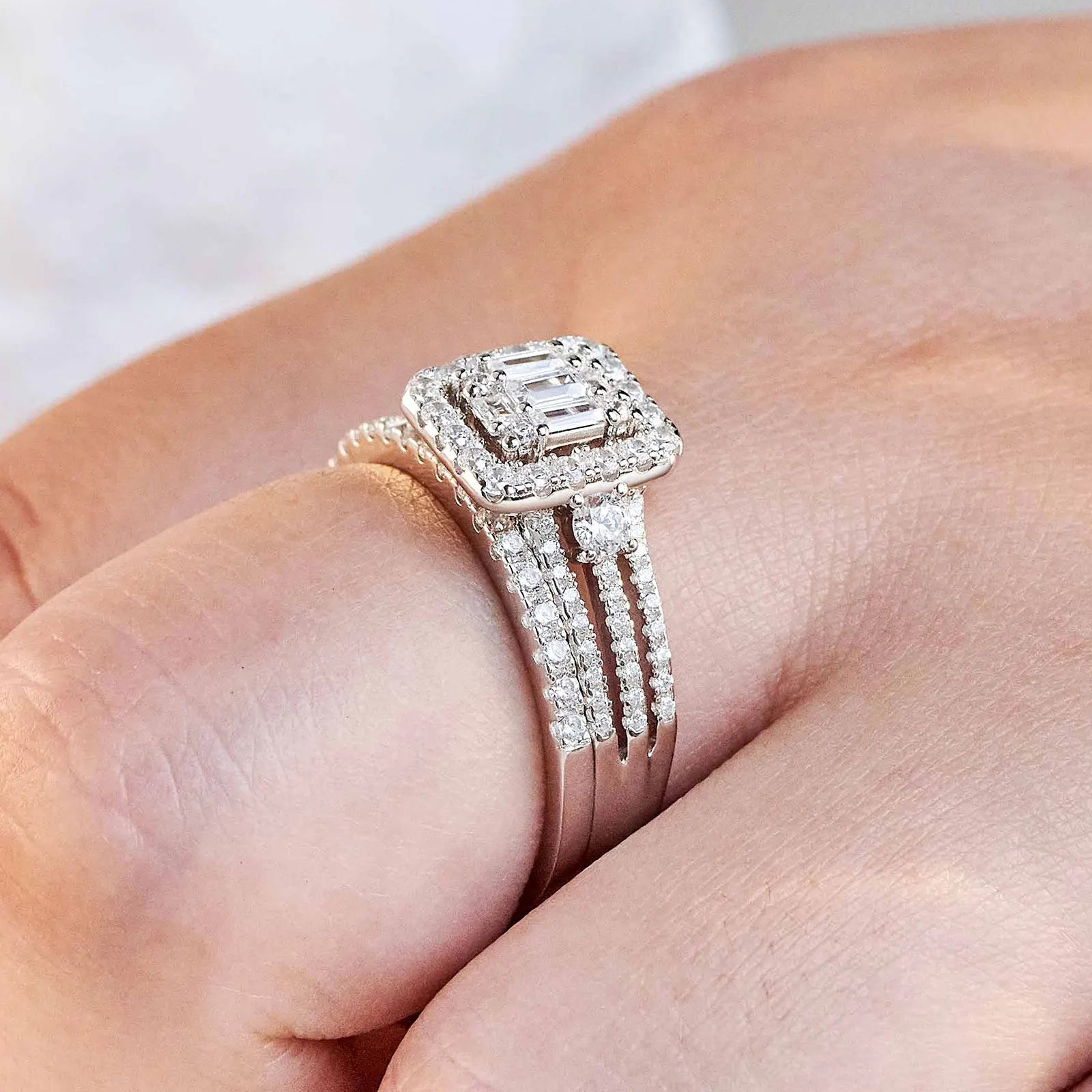 Newshe 925 Sterling Silver Original Wedding Rings for Women Emerald Cut Cubic Zirconia Bridal Set Engagement Band Fine Jewelry - Uknowucme