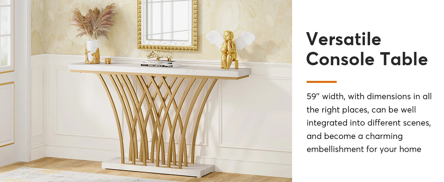 59 inch Gold Console Table, Modern Entryway Table with Grid-Shaped Metal Base for Entrance, Hallway, Entryway, Living Room - Uknowucme