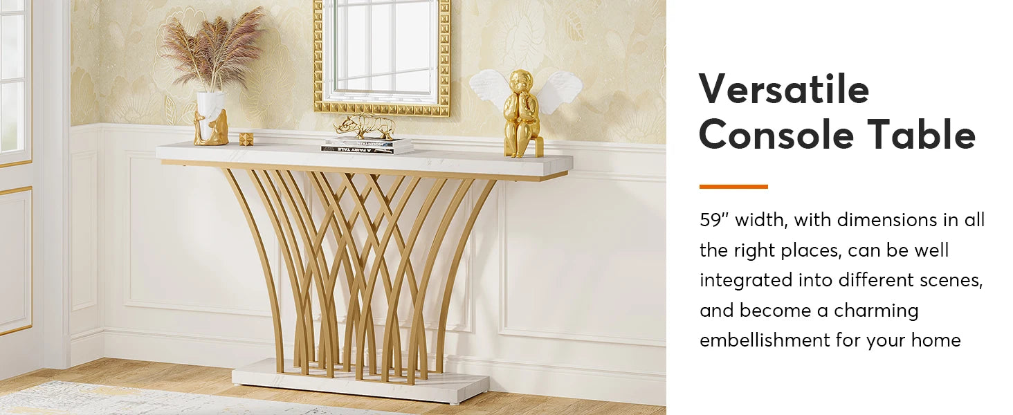59 inch Gold Console Table, Modern Entryway Table with Grid-Shaped Metal Base for Entrance, Hallway, Entryway, Living Room - Uknowucme