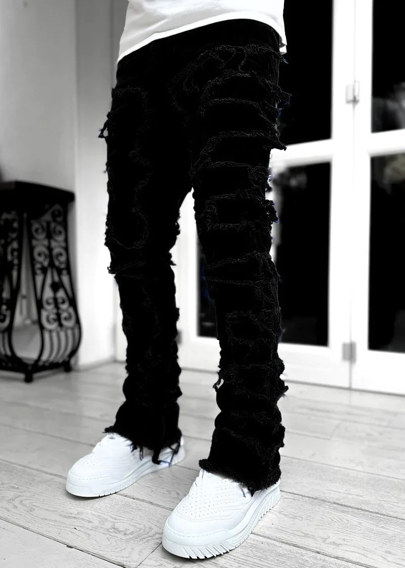 Spliced Distressed Denim Pants Men Jeans Ripped Mid Waist Pockets High Street Jean Skinny Washed Ankle Length Pencil Pants - Uknowucme