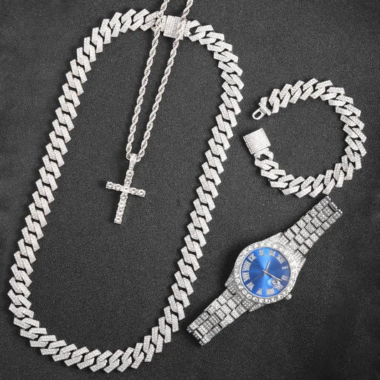 16mm Hip Hop Miami Cuban Link Chain Set Necklace +Watch+Bracelet Creative Iced Out Shiny Trendy Stylish Jewelry For Women Men - Uknowucme
