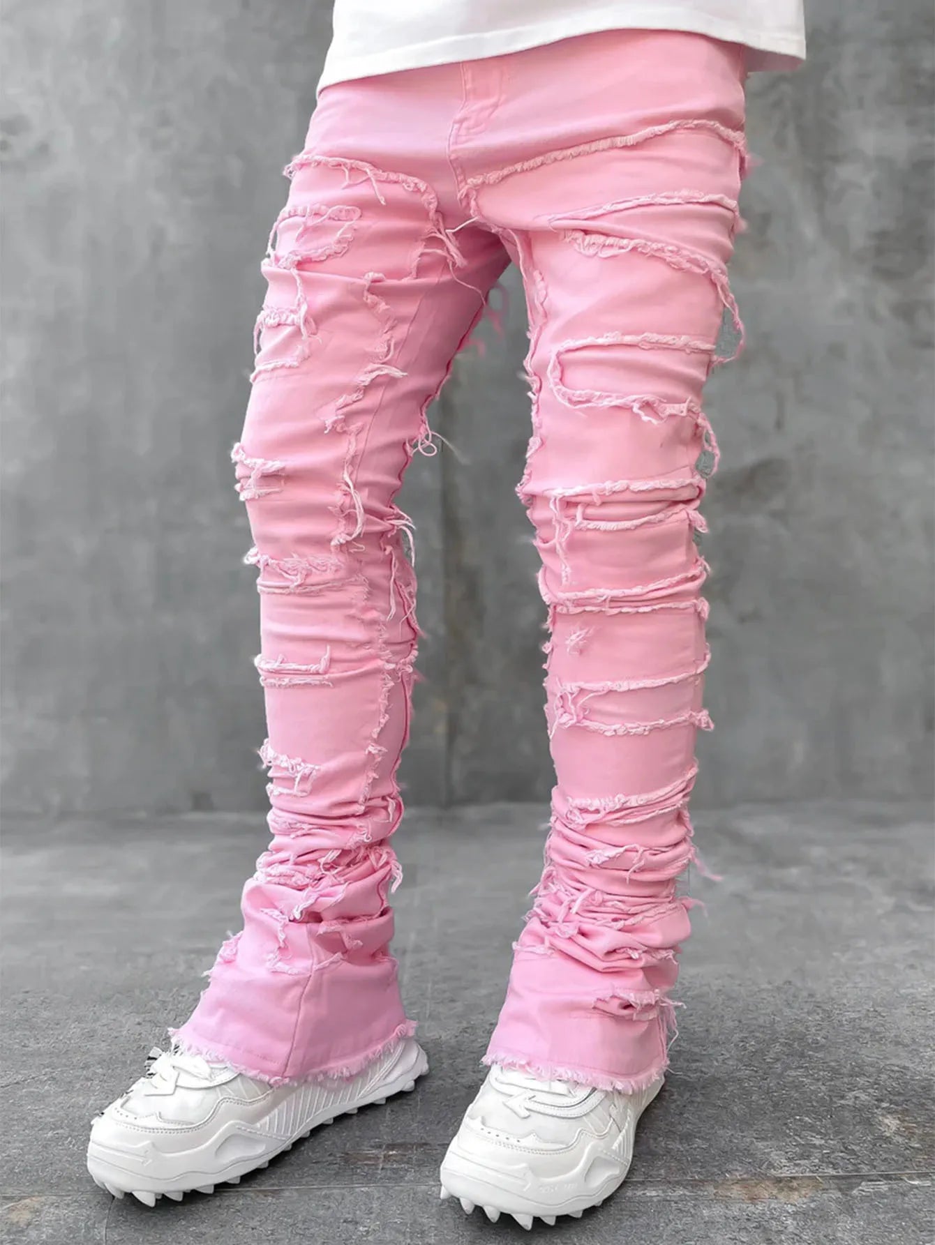 Spliced Distressed Denim Pants Men Jeans Ripped Mid Waist Pockets High Street Jean Skinny Washed Ankle Length Pencil Pants - Uknowucme