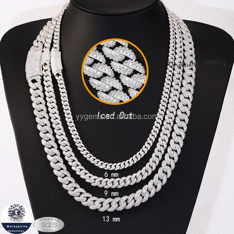 Full Ice Out Mossanite Cuban Chain 6mm 9mm Width 2 Rows S925 Solid Silver Moissanite Cuban Link Chain Hiphop Necklace