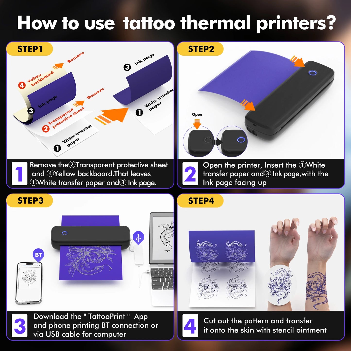 Portable Wireless Tattoo Transfer Stencil Printer Bluetooth No Ink 2550mAh Tattoo Thermal Printer Compatible with Phone & PC - Uknowucme