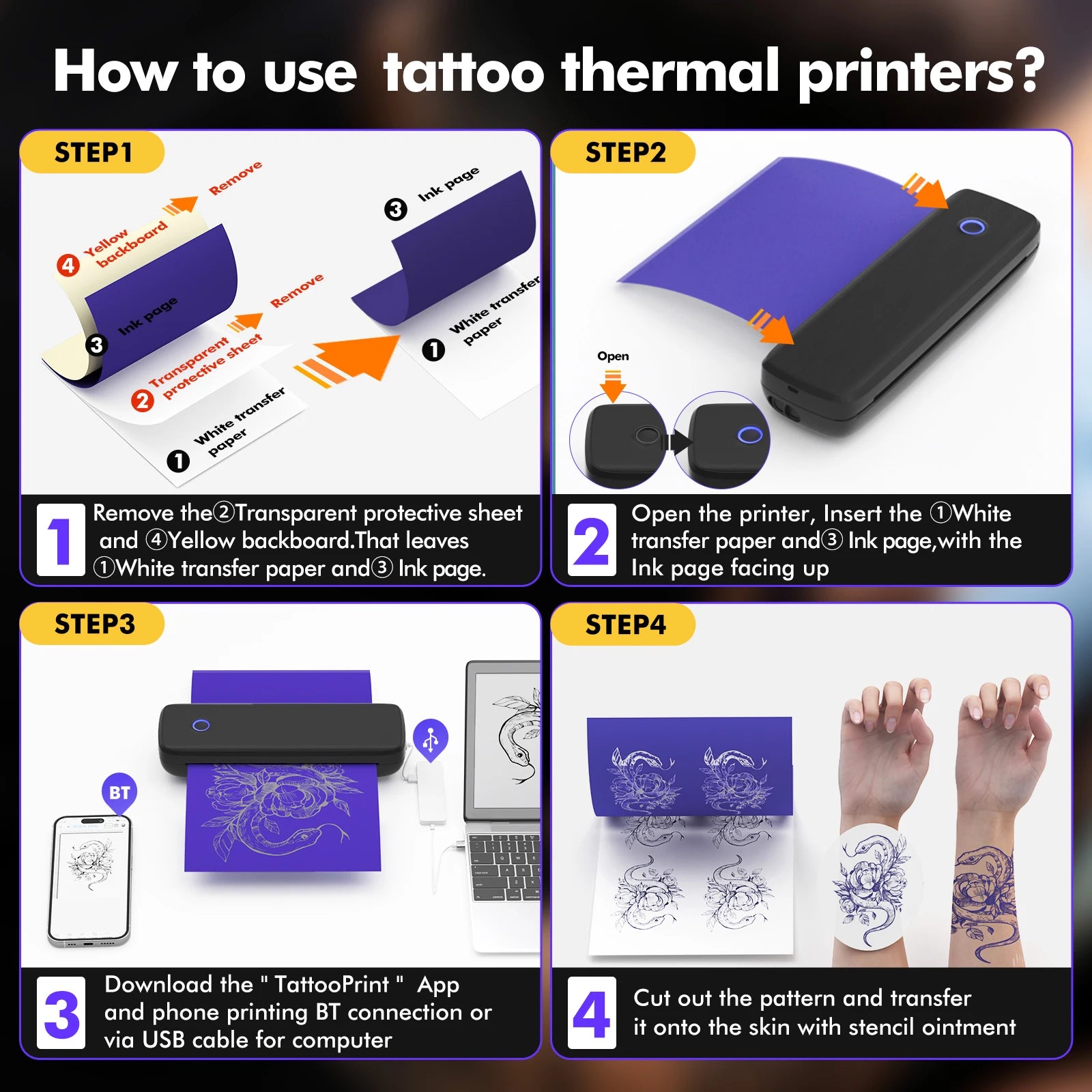 Portable Wireless Tattoo Transfer Stencil Printer Bluetooth No Ink 2550mAh Tattoo Thermal Printer Compatible with Phone & PC - Uknowucme