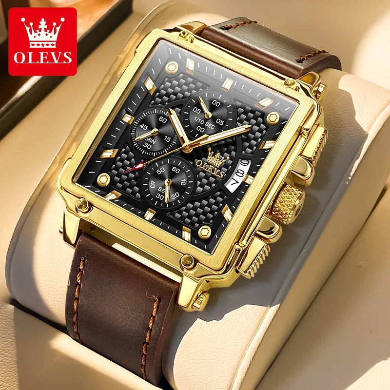 OLEVS Brand 9925 Men's Watches Gold Square Dial Quartz Male Watch Original Leather Strap Fashion Watch 30m Waterproof Top Ten - Uknowucme