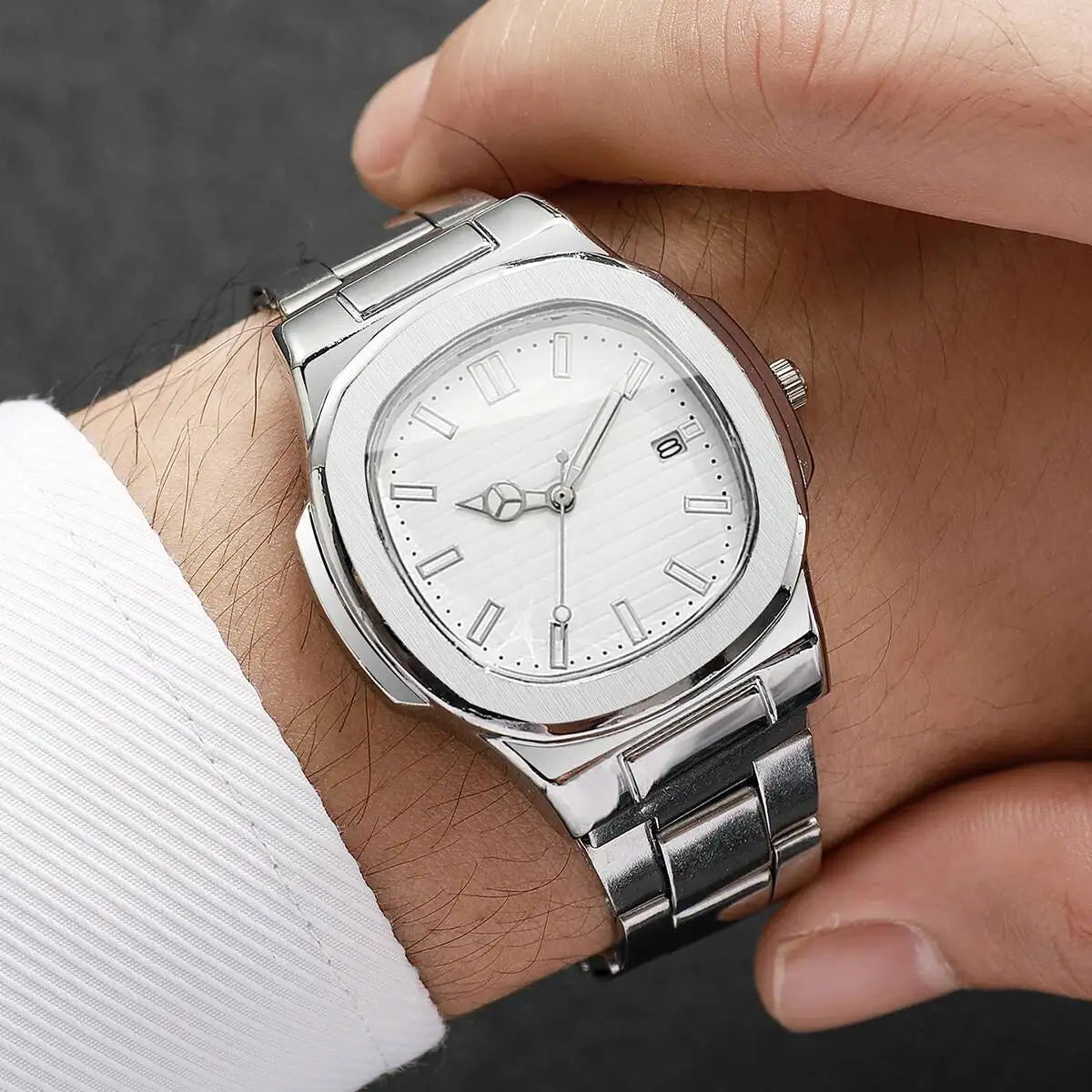 Fashion Square Men Business Watches Luxury Stainless Steel Strap Quartz Watch with Calendar For Mens Clock（Without Box） - Uknowucme
