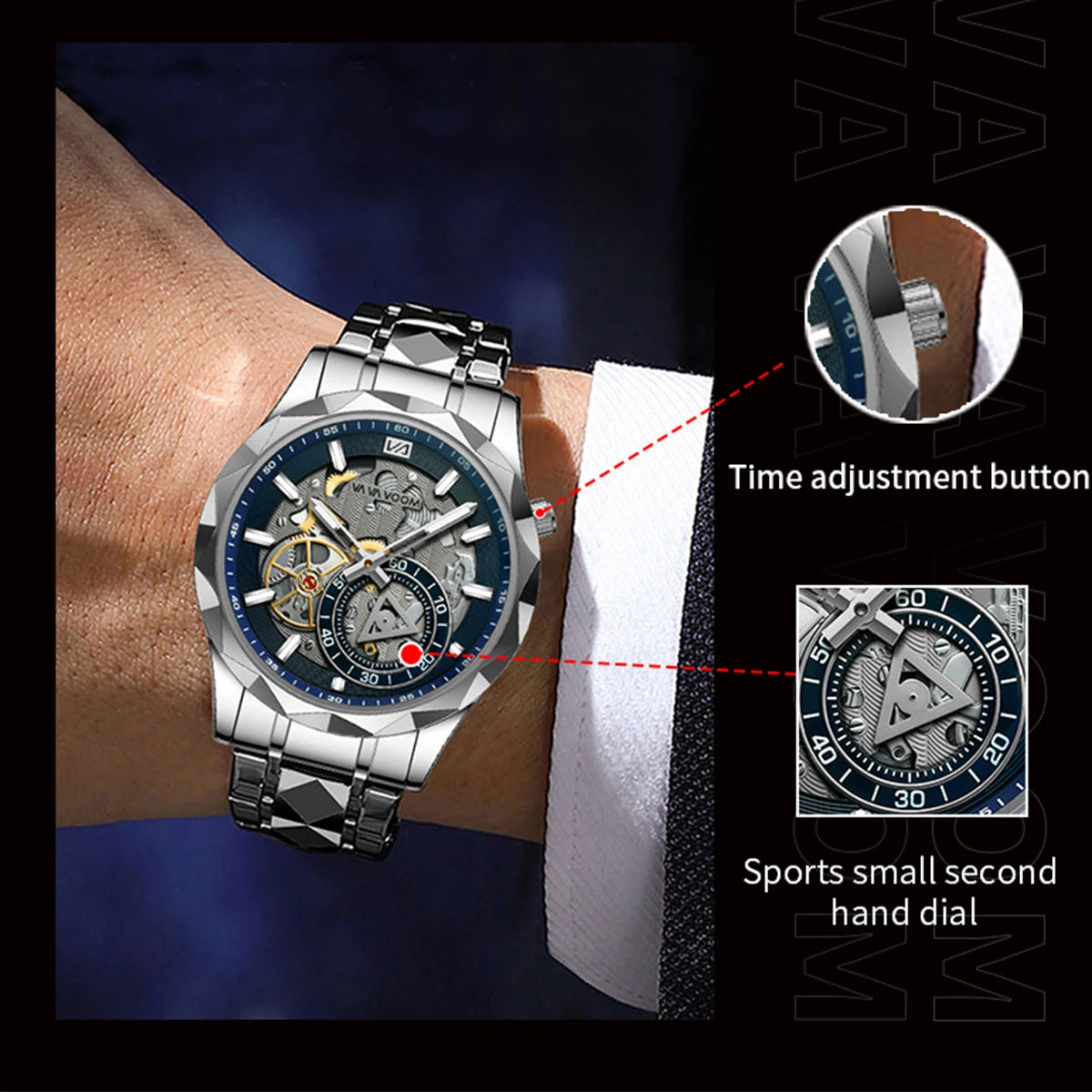 VA VA VOOM Stainless Steel Mens Quartz Watch With 41mm Hollowed Out Dial Quartz Movement Luminous Gold Luxurious Men Wristwatch - Uknowucme