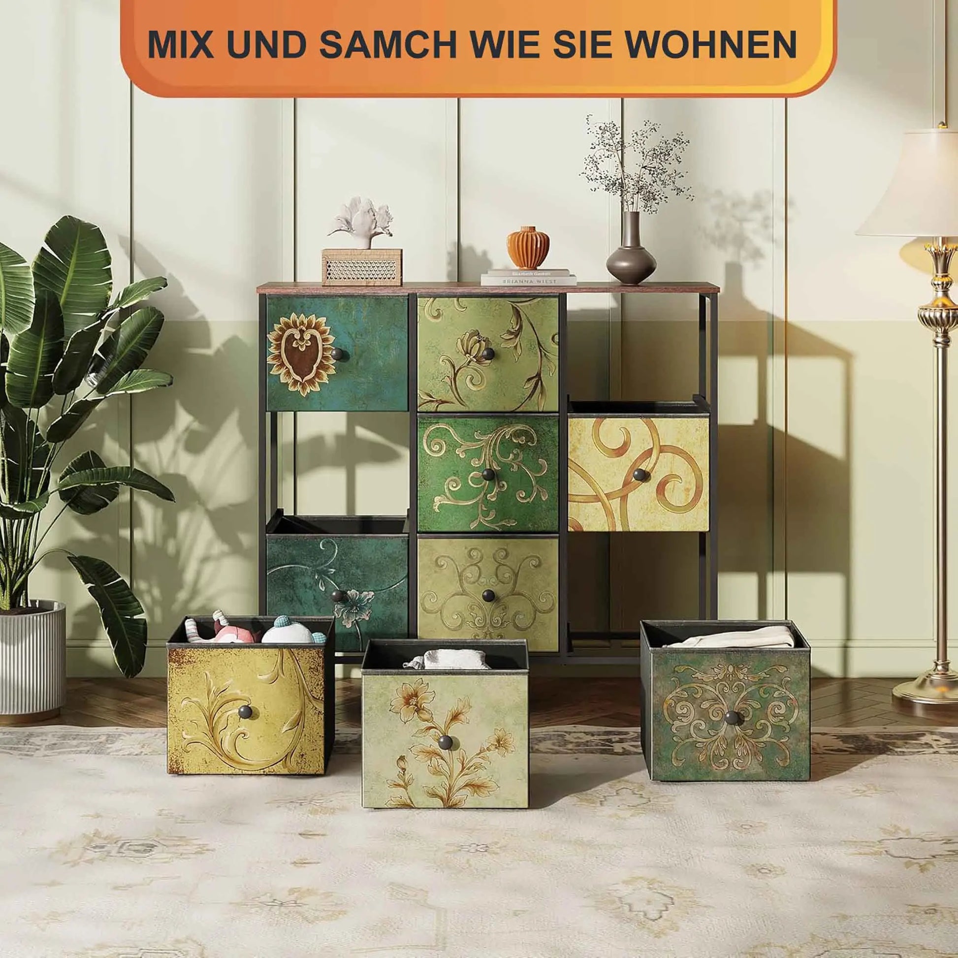Chest of Drawers with 9 Fabric Drawers, TV Cabinet, Sideboard with Fabric Drawers, Drawer Cabinet for Kitchen Office Hallway - Uknowucme